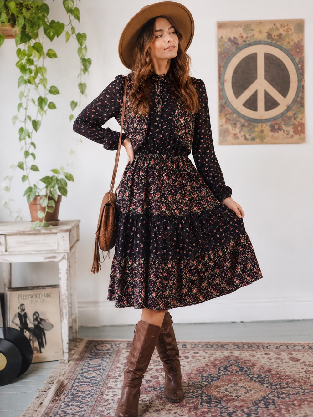 True Vintage Black Floral Prairie Dress Removable Vest